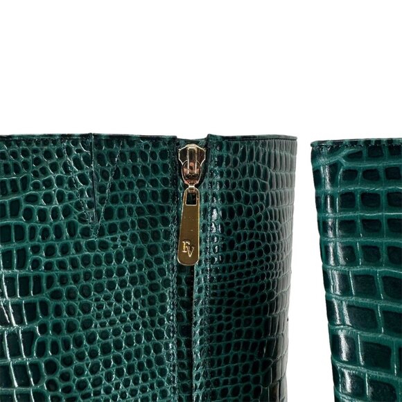 Frances Valentine Mackie Knee High Boots Green Croc Embossed Leather 11 $598 - Picture 7 of 11